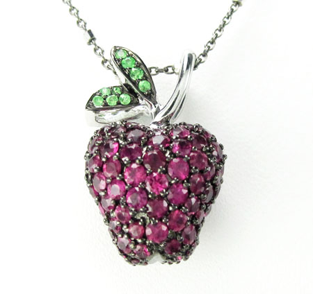 Ladies 18k solid black & white gold ruby & sapphire apple pendant with chain 1.25ct