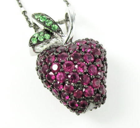 Ladies 18k solid black & white gold ruby & sapphire apple pendant with chain 1.25ct