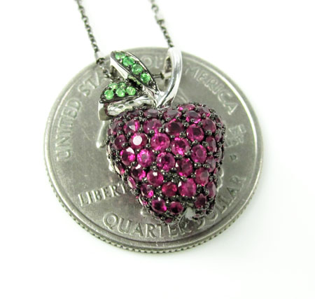 Ladies 18k solid black & white gold ruby & sapphire apple pendant with chain 1.25ct