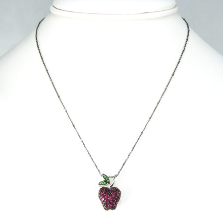 Ladies 18k solid black & white gold ruby & sapphire apple pendant with chain 1.25ct