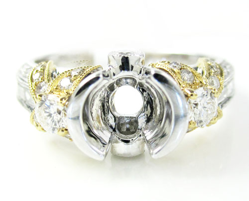 14k two tone gold diamond flower semi mount ring set 0.78ct - Image 2