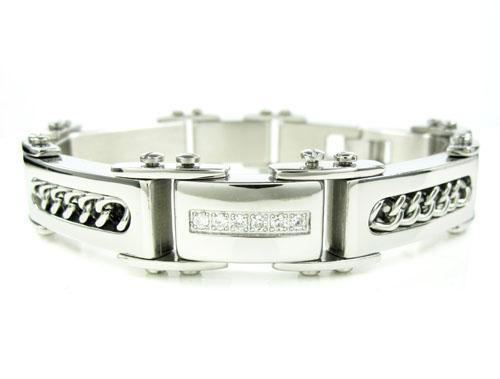 Mens white stainless steel spring loaded cz bracelet 0.18ct