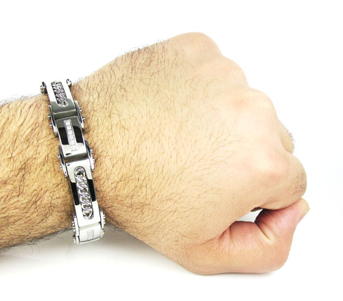 Mens white stainless steel spring loaded cz bracelet 0.18ct