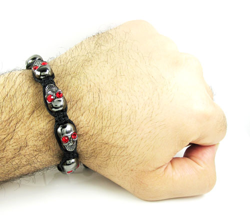 Red rhinestone copper macramé skull bead rope bracelet 8.00ct