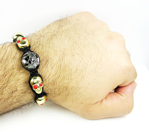 Red rhinestone copper macramé skull bead rope bracelet 6.00ct