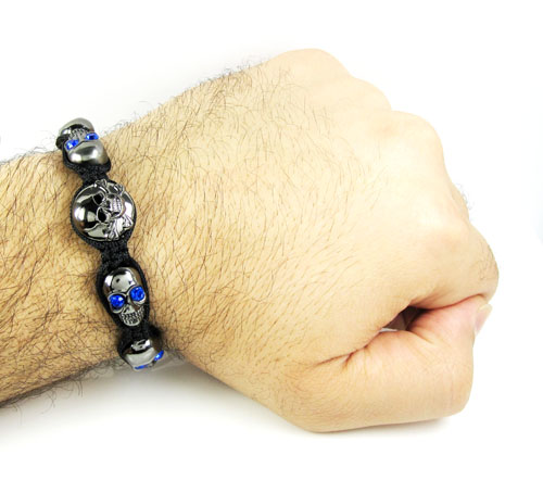 Blue rhinestone copper macramé skull bead rope bracelet 6.00ct