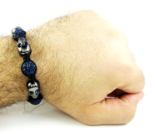 Blue rhinestone copper macramé skull bead rope bracelet 15.00ct