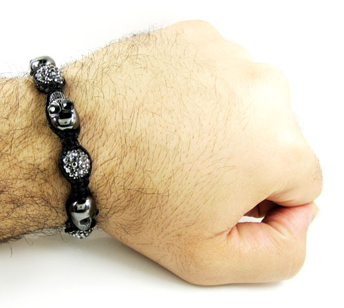 Black smoke mirrored rhinestone copper macramé skull bead rope bracelet 15.00ct - Image 3
