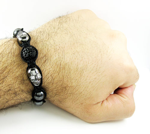 Black & white rhinestone copper macramé skull bead rope bracelet 4.00ct