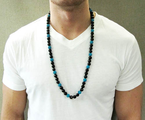 Turquoise blue rhinestone macramé black onyx faceted bead chain 17.00ct