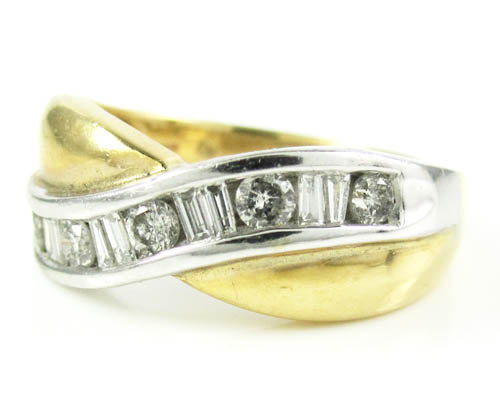 Ladies 14k two tone gold round & baguette diamond swirl ring 0.60ct