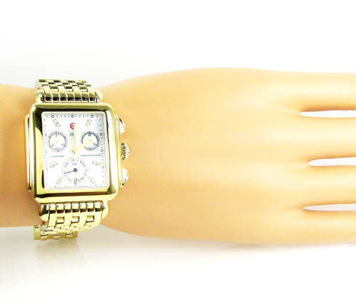 Ladies michele deco day diamond dial yellow stainless steel watch 0.05ct