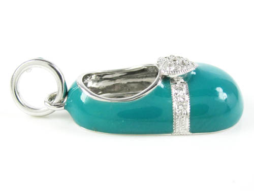 14k white gold turquoise blue enamel diamond heart baby shoe pendant 0.08ct