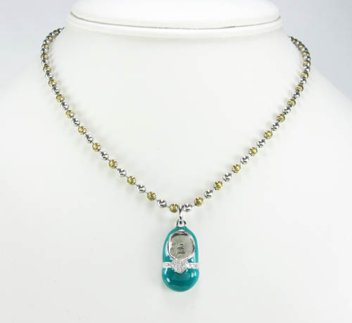 14k white gold turquoise blue enamel diamond heart baby shoe pendant 0.08ct