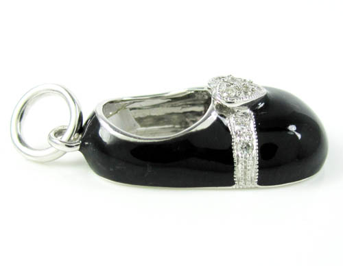 14k white gold black enamel diamond heart baby shoe pendant 0.08ct