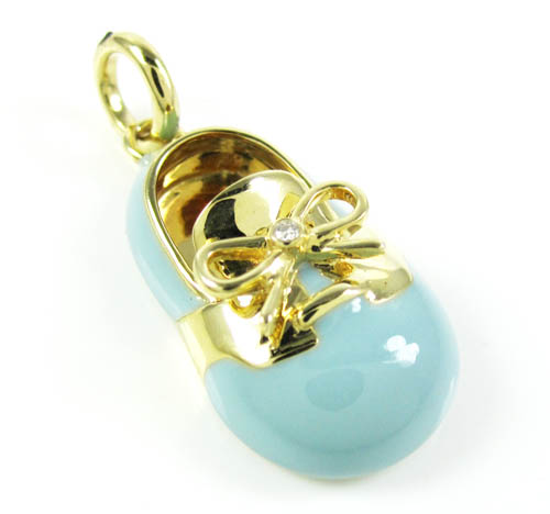 14k yellow gold enamel diamond baby shoe pendant 0.01ct - Image 2