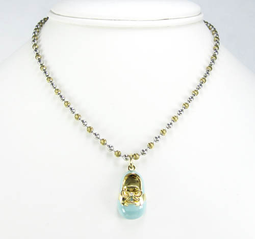 14k yellow gold enamel diamond baby shoe pendant 0.01ct