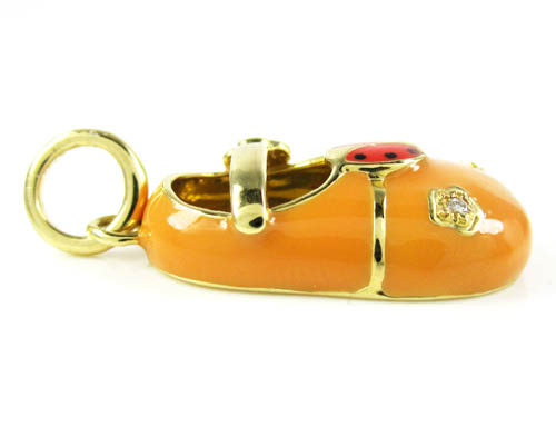 18k yellow gold orange enamel diamond flower lady bug baby shoe pendant 0.03ct - Image 2