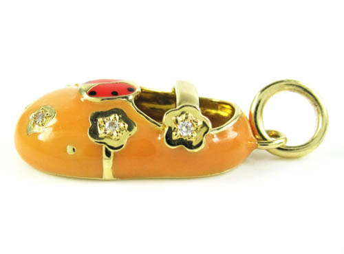 18k yellow gold orange enamel diamond flower lady bug baby shoe pendant 0.03ct