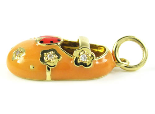 18k yellow gold orange enamel diamond flower lady bug baby shoe pendant 0.03ct - Image 3