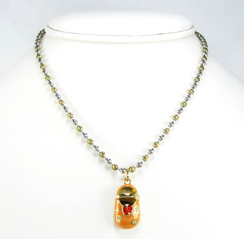 18k yellow gold orange enamel diamond flower lady bug baby shoe pendant 0.03ct