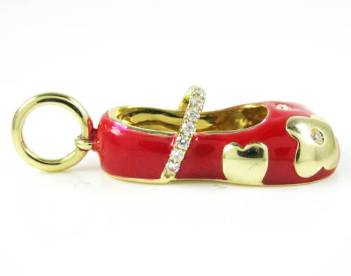 14k yellow gold red enamel diamond flower baby shoe pendant 0.10ct