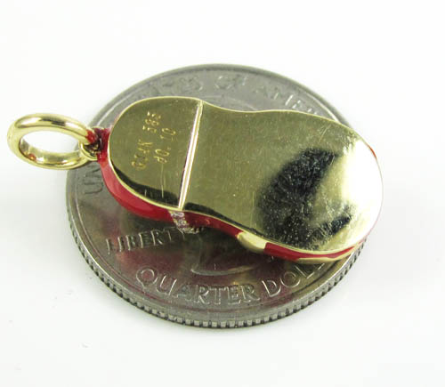 14k yellow gold red enamel diamond flower baby shoe pendant 0.10ct