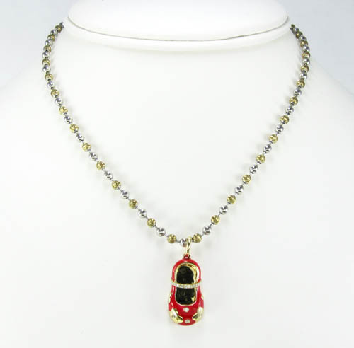 14k yellow gold red enamel diamond flower baby shoe pendant 0.10ct