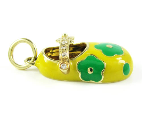 14k yellow gold yellow enamel diamond flower baby shoe pendant 0.09ct