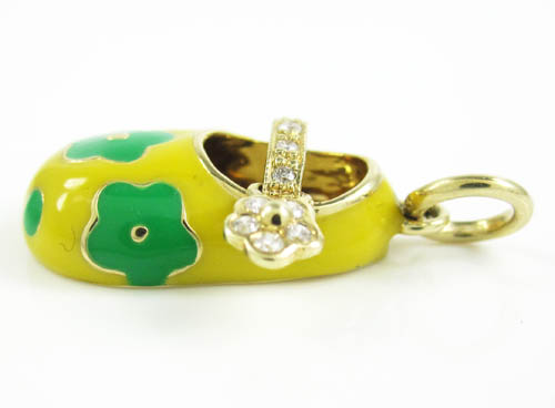 14k yellow gold yellow enamel diamond flower baby shoe pendant 0.09ct