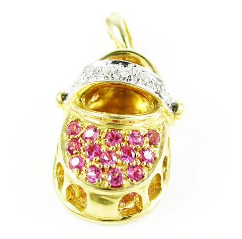 14k yellow gold diamond & pink sapphire baby shoe pendant 0.40ct