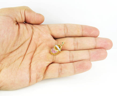14k yellow gold diamond & pink sapphire baby shoe pendant 0.40ct