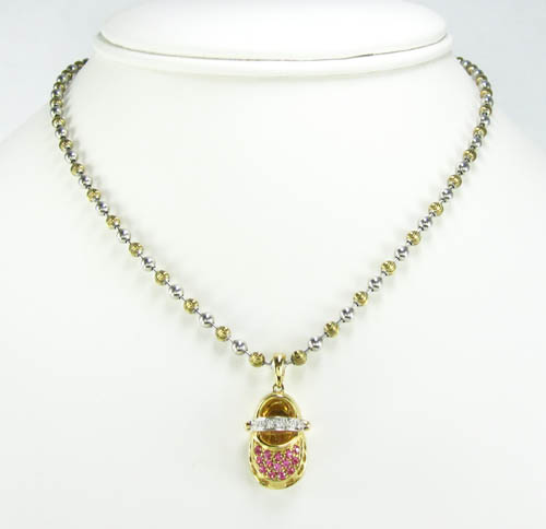 14k yellow gold diamond & pink sapphire baby shoe pendant 0.40ct