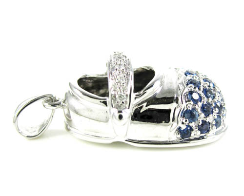 14k white gold diamond & blue sapphire baby shoe pendant 0.51ct