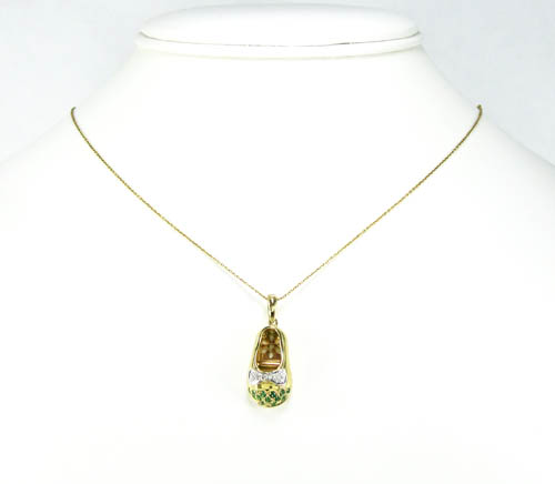 14k yellow gold diamond & green emerald baby shoe pendant 0.17ct