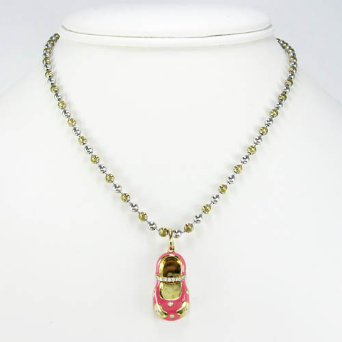 14k yellow gold pink enamel diamond flower baby shoe pendant 0.10ct
