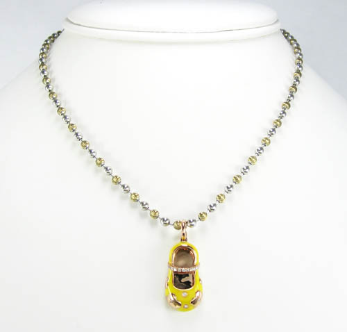 14k rose gold yellow enamel diamond flower baby shoe pendant 0.10ct
