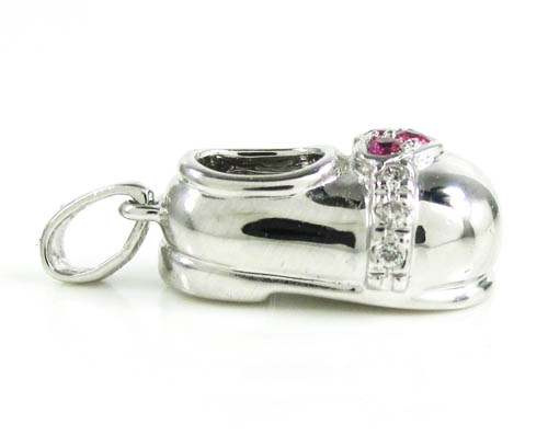 14k white gold diamond & purple ruby heart baby shoe pendant 0.09ct