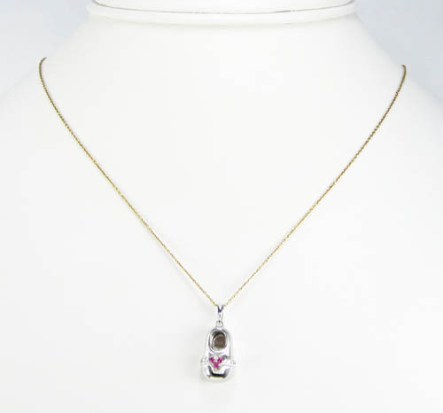 14k white gold diamond & purple ruby heart baby shoe pendant 0.09ct