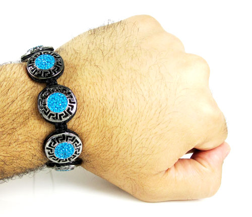 Mens black stainless steel aqua blue rhinestone round fendi style bracelet 3.50ct - Image 3