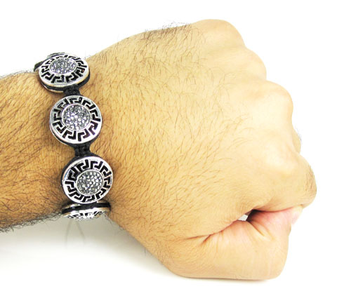 Mens white stainless steel black rhinestone round fendi style bracelet 3.50ct