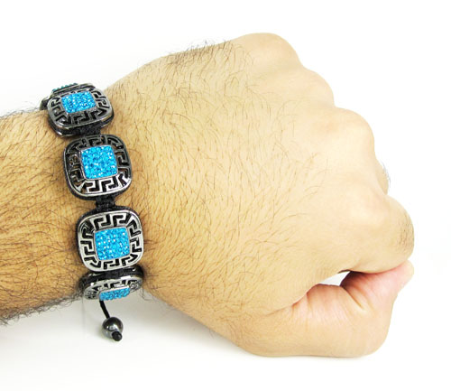 Mens black stainless steel aqua blue rhinestone box fendi style bracelet 3.50ct