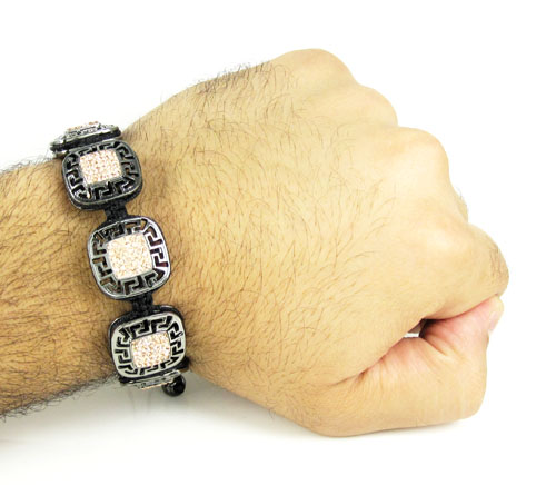 Mens black stainless steel champagne rhinestone box fendi style bracelet 3.50ct