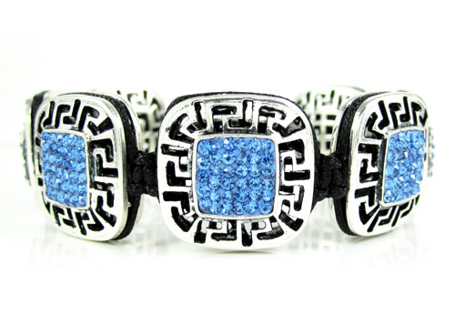 Mens white stainless steel blue rhinestone box fendi style bracelet 3.50ct