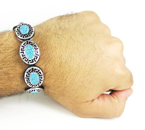 Mens white stainless steel aqua blue rhinestone oval fendi style bracelet 3.50ct