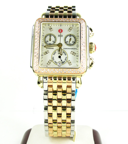 Ladies michele deco date & day diamond tri-tone stainless steel watch 0.66ct