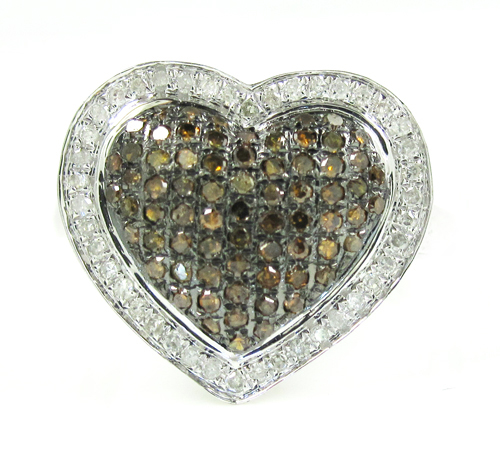 Ladies 10k white gold white & champagne diamond heart ring 0.55ct