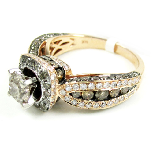 Ladies 14k rose gold champagne & white diamond engagement ring 3.00ct