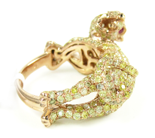 Ladies 14k rose gold canary diamond & red ruby panther ring 4.24ct