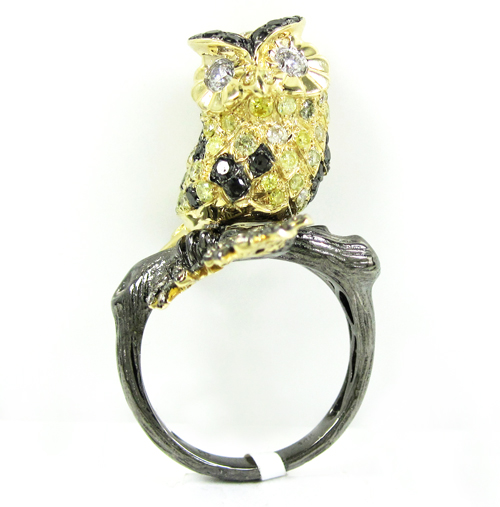 Ladies 14k yellow gold multi colored diamond owl ring 2.54ct - Image 2
